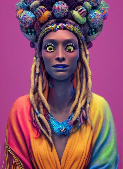 Image similar to an anthropomorphic beautiful smiling goddess female wizard portrait playing poi wearing colourful robe, dreadlock breed hair, fine art, award winning, intricate, elegant, sharp focus, octane render, hyperrealistic, cinematic lighting, highly detailed, digital painting, 8 k concept art, art by jamie hewlett masterpiece, trending on artstation, 8 k