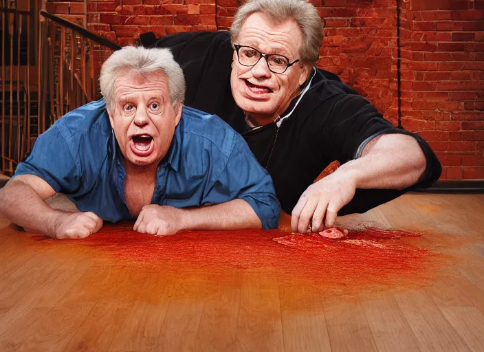 Image similar to jerry springer tv show a man yelling at a pile of nasty chili spilled on the floor, chunky sloppy fat men no shirts slipping in chili on the floor, wet, studio, extremely detailed, portraits, 4 k, hd