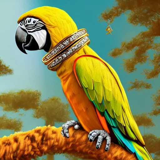 Image similar to parrots wearing golden rings and necklaces, with rap cap on head, rapping and sitting on golden trees, rap scene, musical concert concept art, trending on artstation, highly detailed, digital art, 8 k