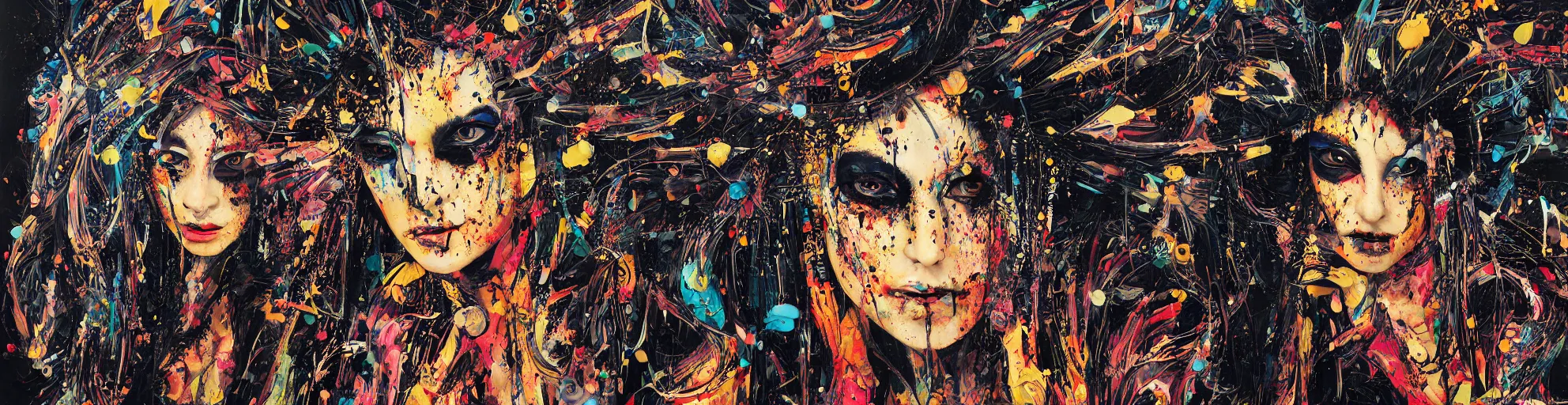 Image similar to high definition highly detailed baroque cyberpunk shamaness, varnished oil paint in bright colors on black background with small background color splatters, by katsuhiro otomo