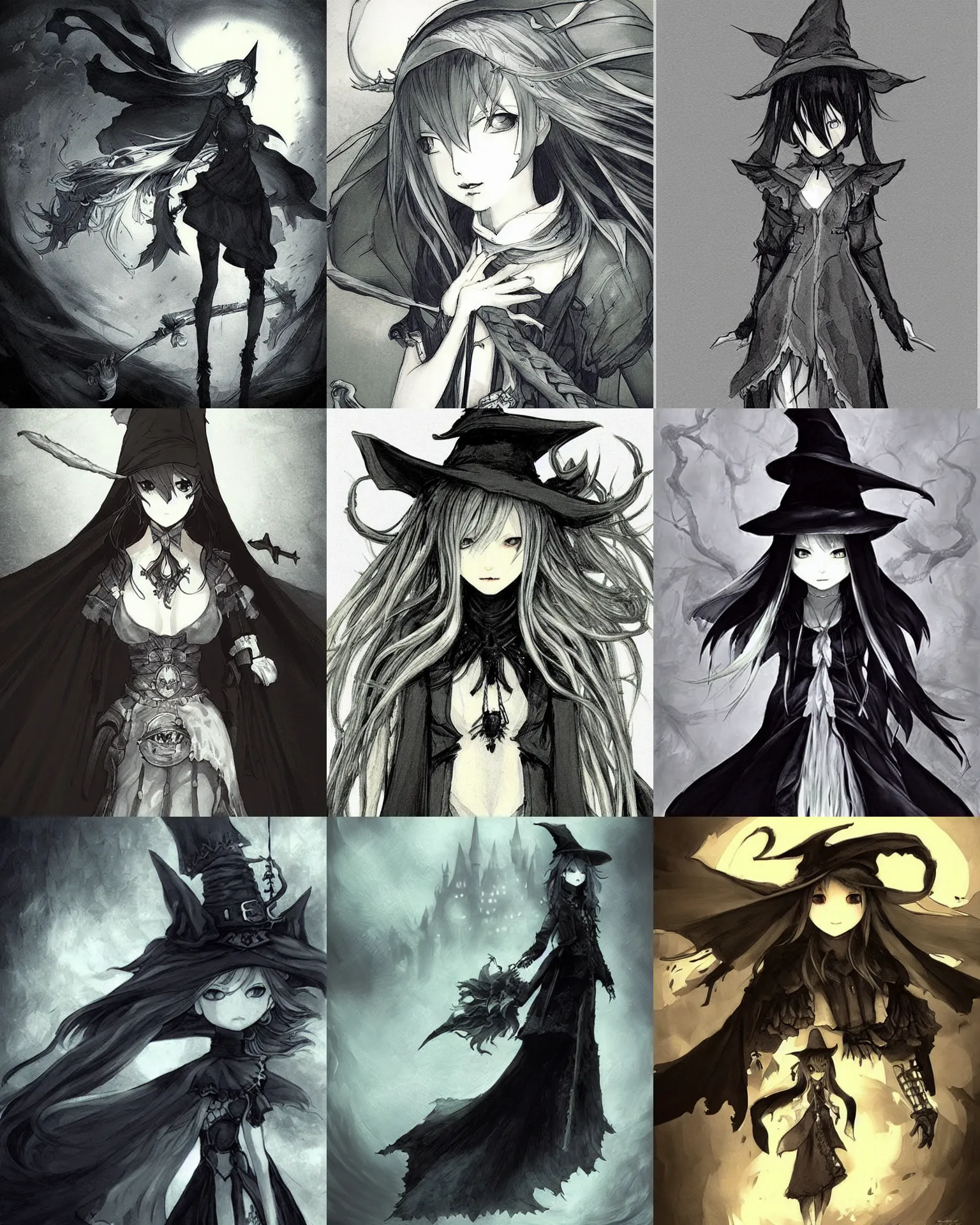 Prompt: “ art by akihiko yoshida's in his bravely default style, a young witch in black robes. concept art, detailed, gloomy. ”