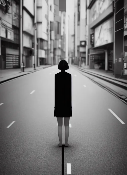 Image similar to headless girl standing in the middle of the tokyo street, photorealistic, canon r 3, symmetry, octane render, unreal engine, dramatic lights