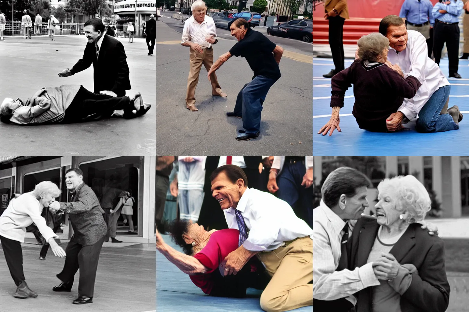 Prompt: kenneth copeland wrestling an elderly lady in the streets