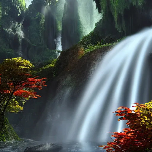 Prompt: fantastic landscape with waterfall high resolution beautiful lighting soft colors unreal engine, 4 k wallpaper