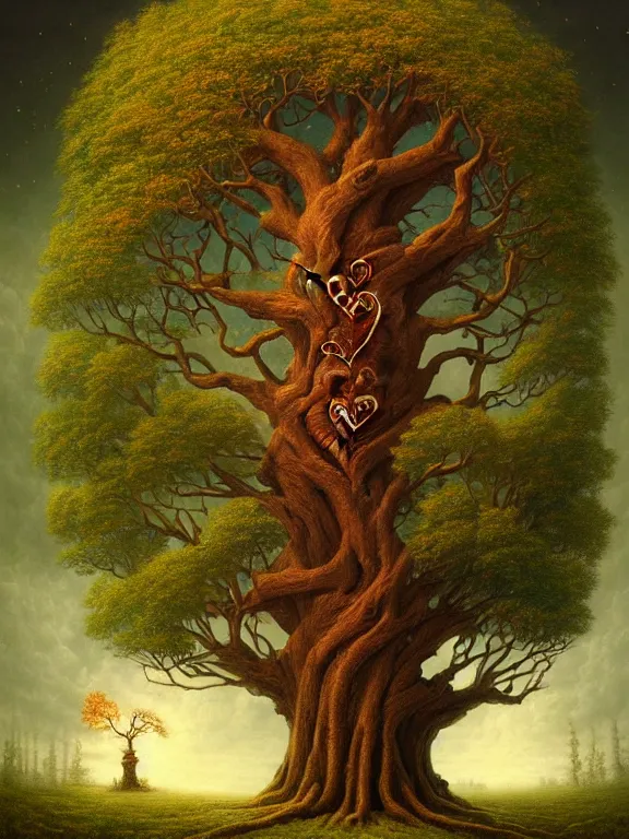 Prompt: A beautiful painting of a detailed fantasy tree with a heart carved in the trunk by Benoit B. Mandelbrot, Steven Belledin, Martin Johnson Heade, Lee Madgwick, Caspar David Friedrich, and David Rios Ferreira, 8k resolution deviantart trending on Artstation concept art digital illustration