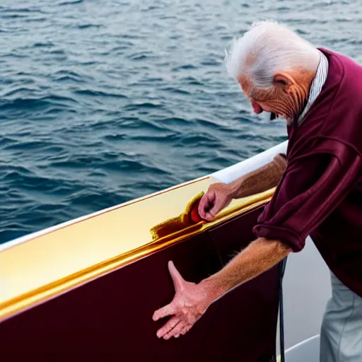 Image similar to wrinkled hunchbacked old man in musty burgundy suit, polishing painting the side of a huge gold plated mega yacht with a cloth, maintenance photo