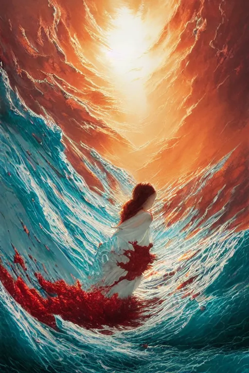 Prompt: Turbulent ocean of blood with canvas that catches liquid fire, intricate ruby, Stephen Bliss, Greg Rutkowski, Loish, Rhads, ferdinand knab, Makoto Shinkai rossdraws, concept art, art nouveau, Reylia Slaby, Peter Gric, Tom Bagshaw, global illumination, volumetric lighting, CGsociety, blood, radiant light, detailed and intricate environment