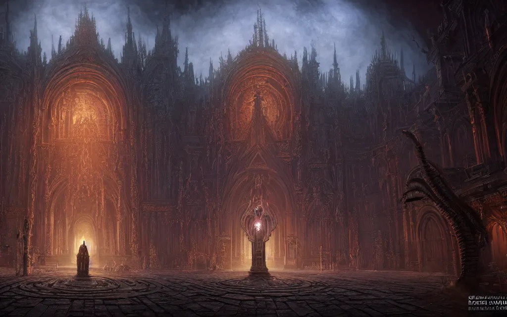 Prompt: center view of an extremely detailed render of hooded necromancer in front of a lovecraft church portal, intricate architecture, baroque detailed, unreal engine realistic render, 8 k, micro detail, design by android jones and greg rutkowski, gaston bussiere, craig mullins, synthwave color scheme, cinematic lighting, trending on artstation, vivid colors