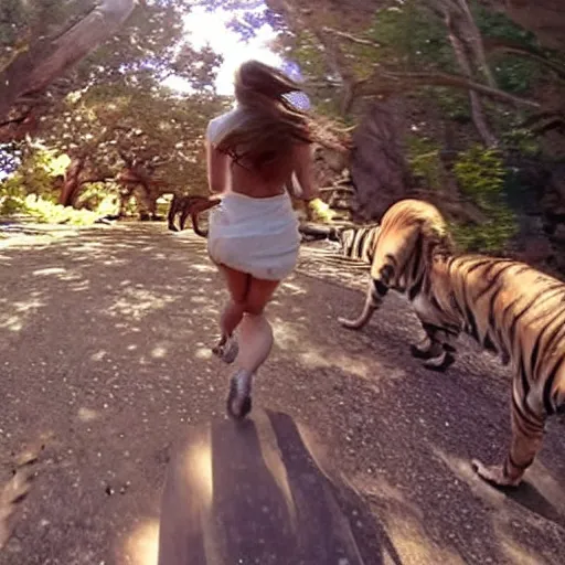 Image similar to screenshot of go pro footage from front view emma watson running in front of tiger over shoulder tiger behind emma