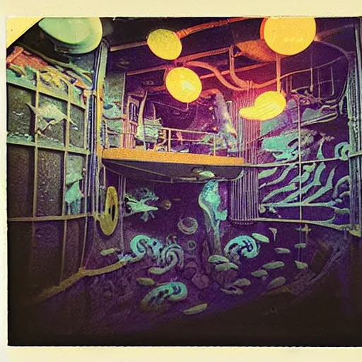 Image similar to under water deep sea station at night, lo fi, polaroid 6 0 0, 1 9 6 5 lightning, vintage science fiction, aquatic plants, colorful swirls of paint, movie set.