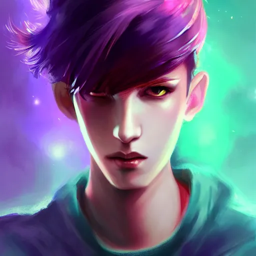 Image similar to colorful and festive captivating teenager boy with straight purple hair, purple eyes with red eye markers, slim body, wearing japanese combat clothes. rich vivid colors, ambient lighting, dynamic lighting, 4 k, atmospheric lighting, painted, intricate, highly detailed by charlie bowater