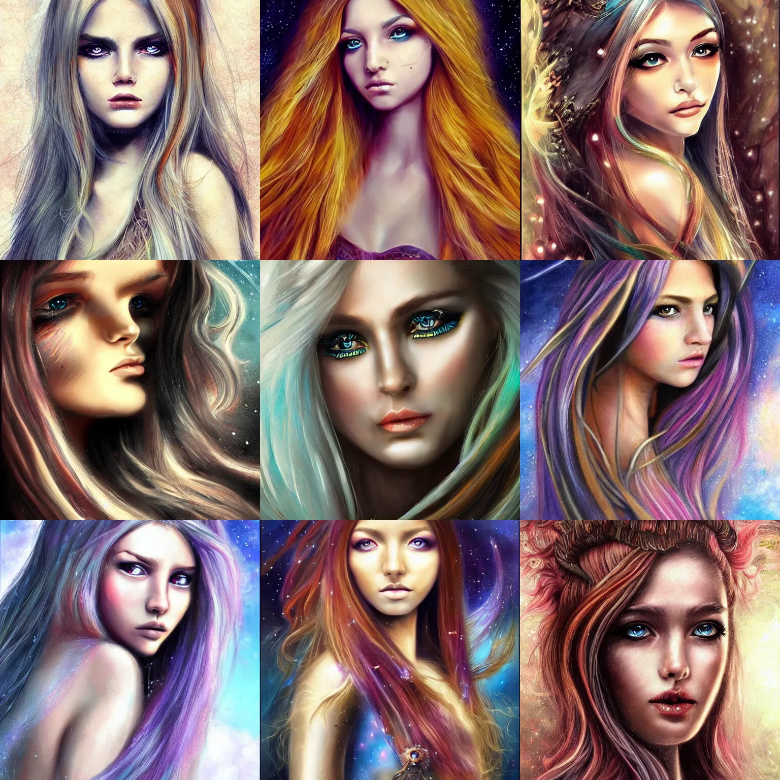 Prompt: fantasy art, girl with cosmic long hair, high detail of the face, high details, hyperrealistic,