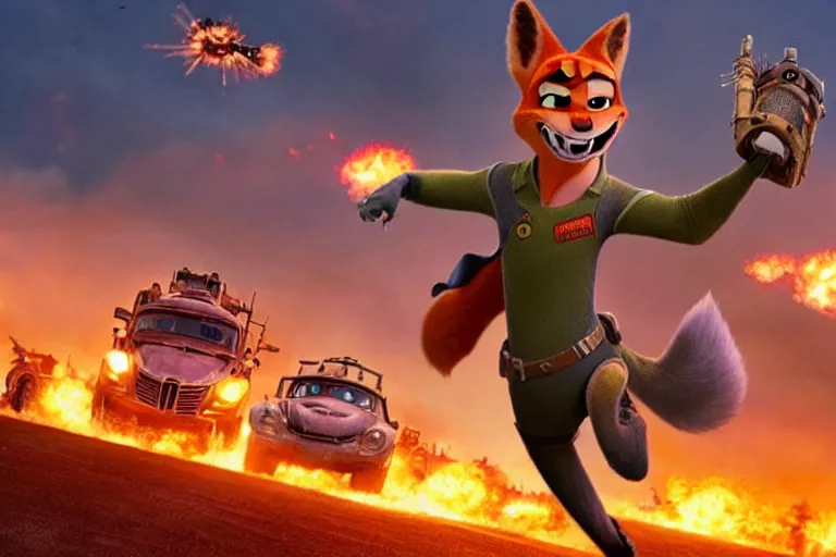 Image similar to nick wilde ( from zootopia ), heavily armed and armored facing down armageddon in a dark and gritty reboot from the makers of mad max : fury road