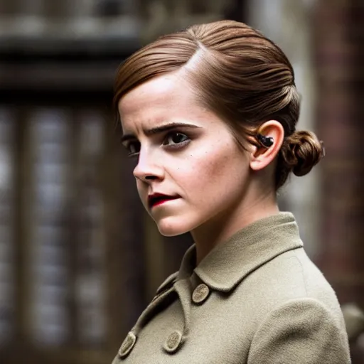 Prompt: Emma Watson in Inglorious Basterds, Movie still, XF IQ4, 50mm, F1.4, studio lighting, professional, 8K, Look at all that detail!