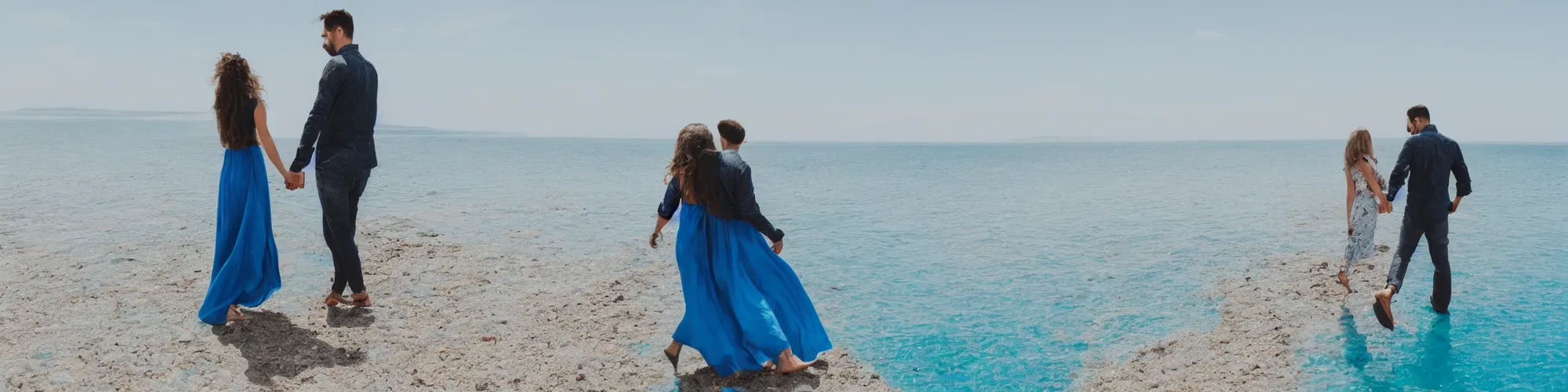 Prompt: couple holding hands standing on a blue beach