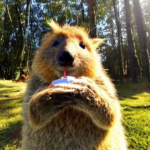 Prompt: happy quokka taking a selfie and smoking a joint, golden hour, ultra realistic