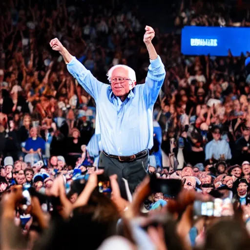 Image similar to Bernie Sanders wins Wrestlemania, award winning photography, 35mm lens, flashbulbs, in focus face