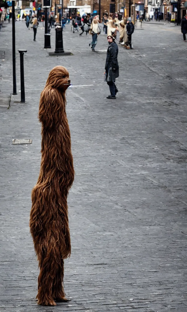 Prompt: photo of a single wookie standing on the streets of rochester, england