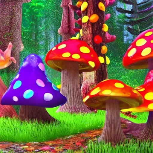 Prompt: a bright magic forest, with multicolored mushrooms and forest creatures dancing in the rain, 4 k, 3 d