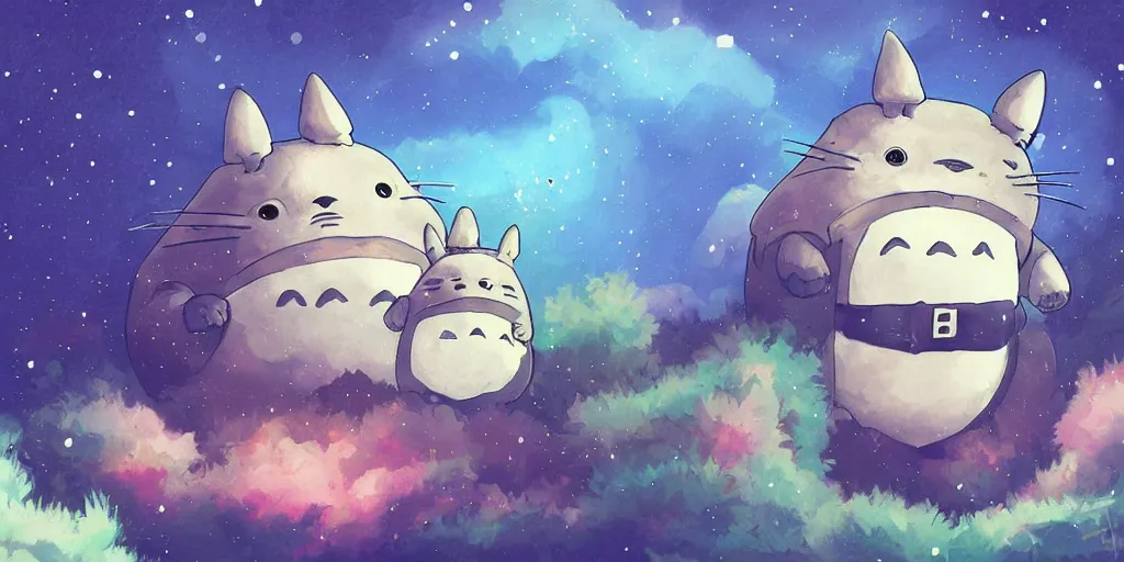 Prompt: exoskeleton totoro, mountain landscape, night sky, digital art, digital painting, celestial, majestic, playful, colorful