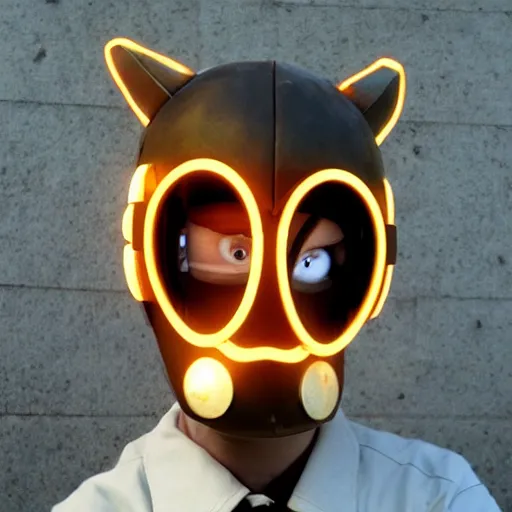 Image similar to protogen, steampunk, realistic, anthropomorphic, cute, neon, glow,