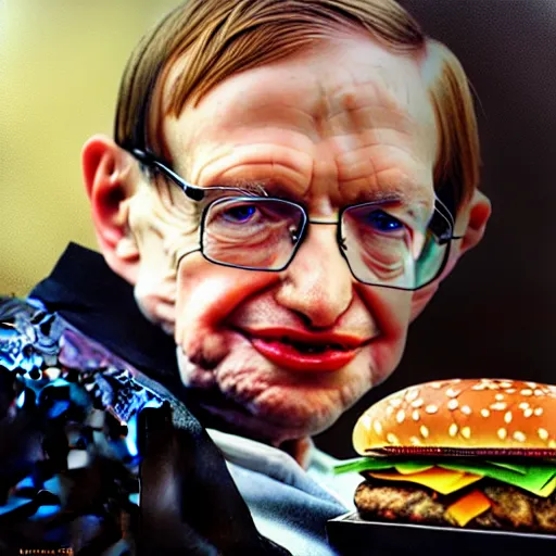 Prompt: oil painting of ripped muscular stephen hawking with huge big mac hamburgers, intricate, elegant, highly detailed, lighting, painting, artstation, smooth, illustration, art by greg rutowski and alphonse mucha