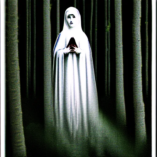 Image similar to marian apparition in forest, high contrast, found footage, vhs, 1 9 9 0, beautiful, highly realistic, highly detailed, vhs noise static, black and white, vhs glitch