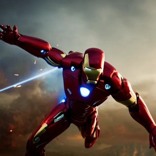 Image similar to carnage mixed with iron man cinimatic movie shot, lens flare, depth of field, still shot, high quality, realistic, unreal engine 5