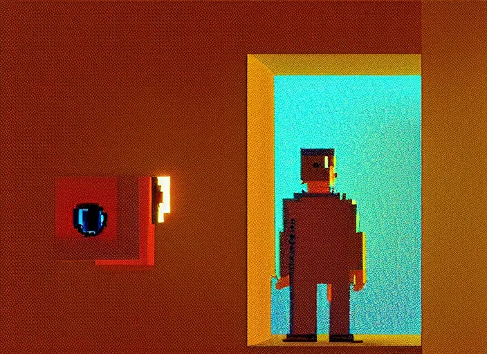 Prompt: rockwell somebody's watching me, 1 9 8 2, pixel art, fischinger oskar in the style of ferez andrew, trending on artstation, volumetric lighting, cgsociety