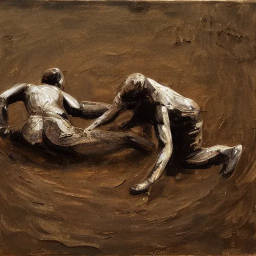 Prompt: 3 drunks fall over mud - wrestling,, oil painted ( ( ( ( ( ( by richard serra ) ) ) ) ) )