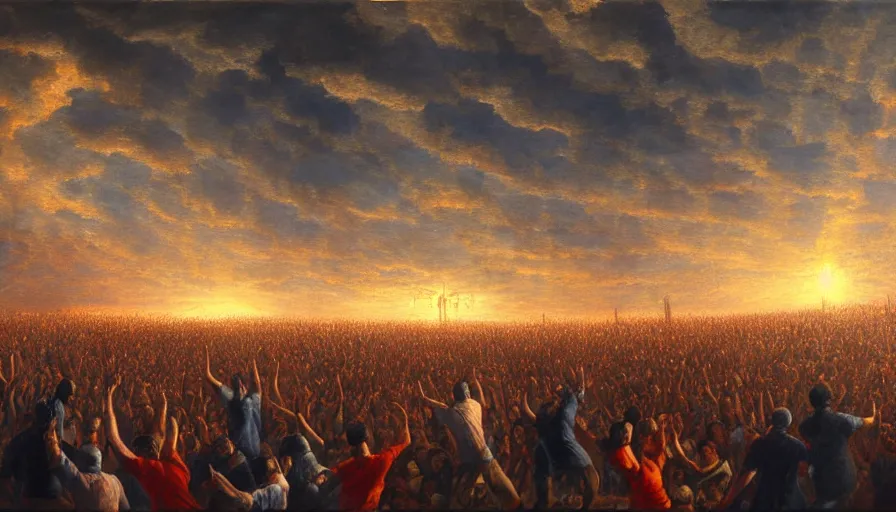 Image similar to painting of a panicked crowd pointing!! towards a glowing sky, raising their arms, volumetric lighting, nasty, hyperdetailed, realistic