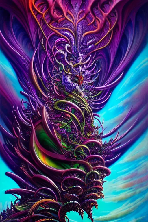 Image similar to depicting a wrathful technological nightmare monster god, in the style of lisa frank, exuberant organic elegant forms, by karol bak and filip hodas : : 1. 4 purple, red, blue, green, black intricate : : intuit art : : turbulent water backdrop : : damask wallpaper : : atmospheric