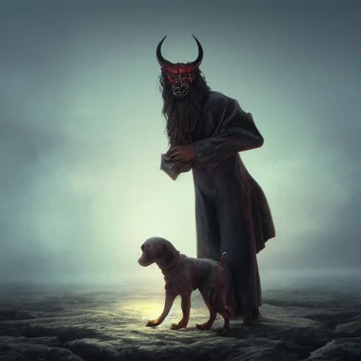 Image similar to the lord satan holding a puppy in heaven, oil painting, octane render, sharp focus, trending on Artstation, unreal engine 5, 4k, beksinski, highly detailed