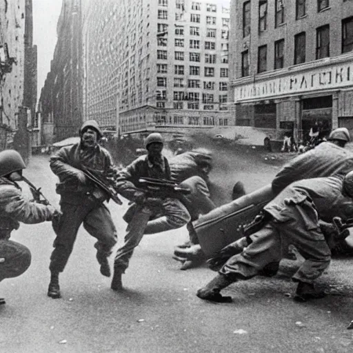 Prompt: Epic shootout between Soviet and American troops on the streets of New York, powerful explosions, super detail of each object,