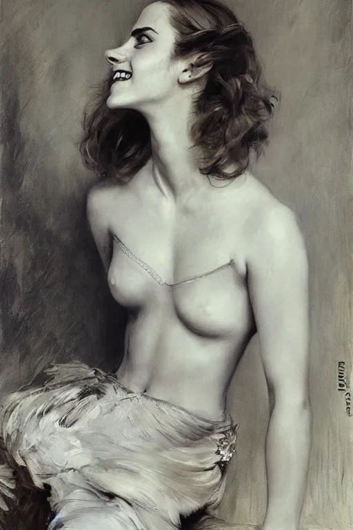 Image similar to emma watson smiling looking away detailed portrait painting by gaston bussiere craig mullins j. c. leyendecker photograph by richard avedon peter lindbergh