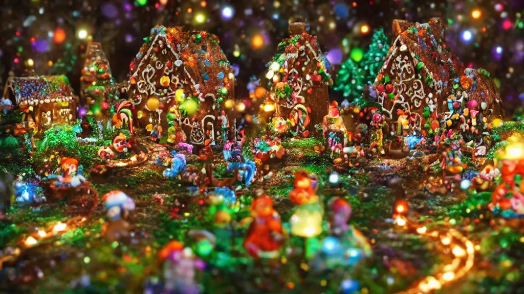 Prompt: gingerbread candy village, colorful, fantasy, fairytale, forest, fireflies, flowers, halloween, christmas, snow, hansel and gretel, bokeh, closeup, depth of field 1 0 0 mm, cinematic scene, studio quality, unreal engine, octane render, trending on artstation, artgerm, cgsociety