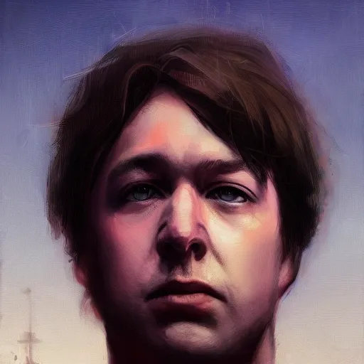 Image similar to closeup portrait of a young bill hicks, dramatic lighting, city background, night, moon, chiaroscuro, high detail, painted by greg rutkowski, painted by igor kieryluk, painted by bobby chiu, trending on artstation