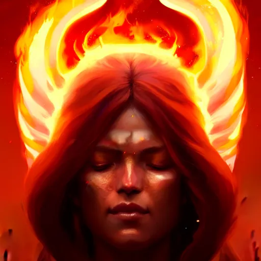 Image similar to a beautiful portrait of a fire goddess with closed eyes by Greg Rutkowski and Raymond Swanland, Trending on Artstation, Flaming Background, ultra realistic digital art