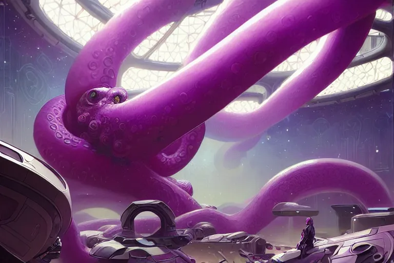 Image similar to Giant purple octopus in a space station, elegant, intricate, retrofuturistic digital painting, artstation, concept art, smooth, sharp focus, illustration, art by artgerm and greg rutkowski and alphonse mucha