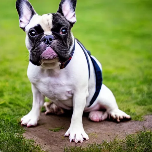 Prompt: photo of a sad white and brown french bulldog with a cone around his head