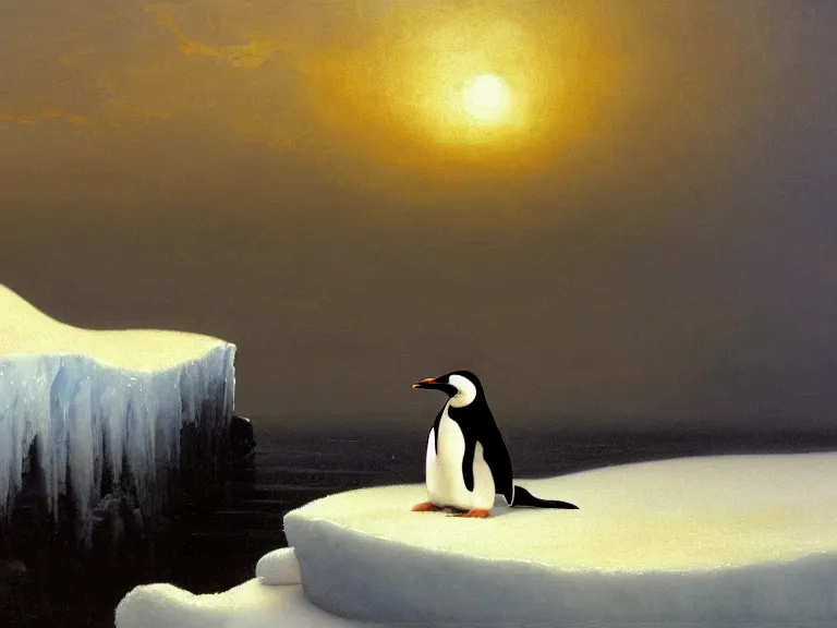 Image similar to an oil painting of a penguin playing in pure white snow on an iceberg in a serene ocean at dusk. aurora. by tuomas korpi moebius and carl spitzweg. baroque elements. intricate artwork by caravaggio. oil painting. oil on canvas. award winning. dramatic. trending on artstation. 8 k