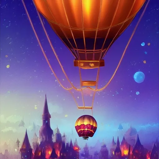 Image similar to a beautiful stunning fantasy whimsical matte digital illustration of a scene of a hot - air balloon powered by magic over a lit city at night by marc simonetti, pastel color palette, disney magic the gathering steampunk, chiaroscuro magical bokeh moon stars dramatic romantic epic breathtaking, trending on artstation hq, masterpiece