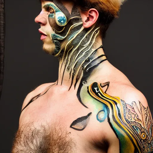 Image similar to an award finning closeup facial portrait by akseli kallen gallela luis royyo and john howe of a bohemian male cyberpunk traveller clothed in excessivelyg fashionable 8 0 s haute couture fashion and wearing ornate art nouveau body paint