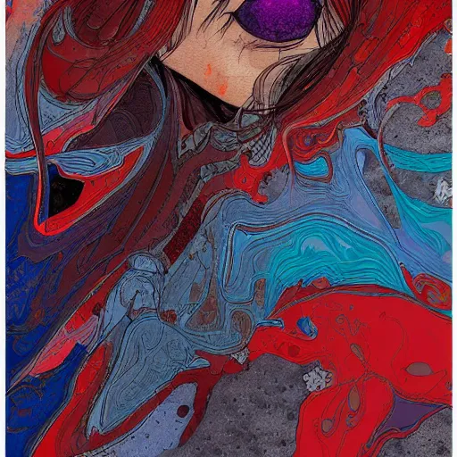 Prompt: the brittle. digital painting, vertical, intricate, beautiful, detailed, grunge, illustration, abstract art by milo manara, trending on artstation. blue, dark red and dark purple color scheme, gradient darker to bottom