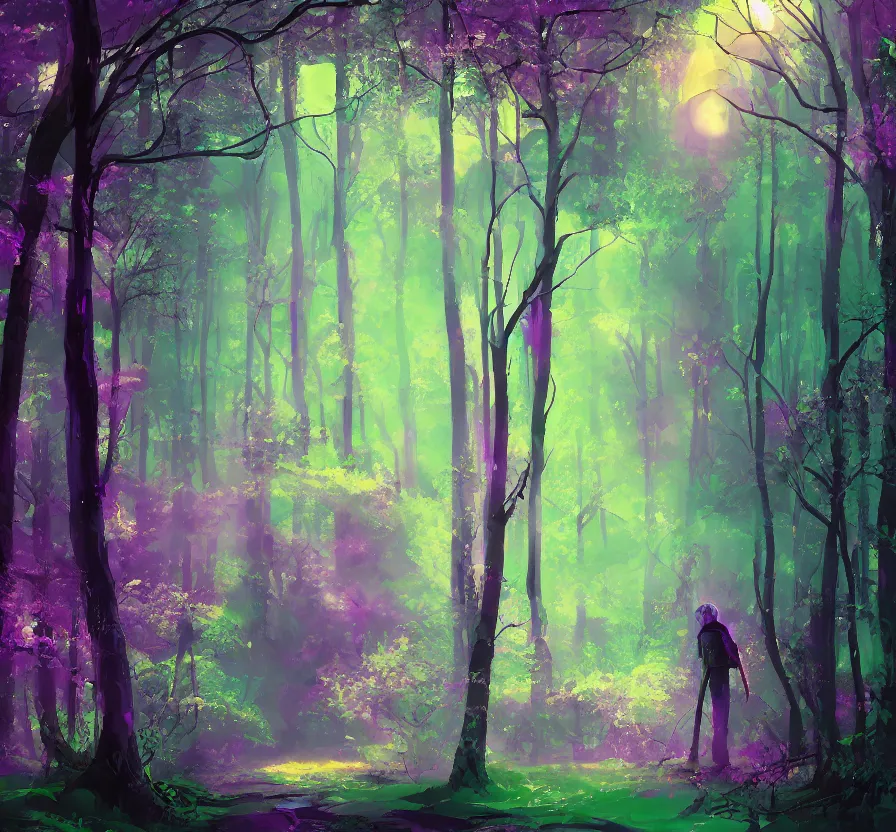 Image similar to purple futuristic solder on forest landscape, acrilic paint, brush paint, heavenly atmosphere, paint, ultra detailed, beautiful image, resolution, artstation