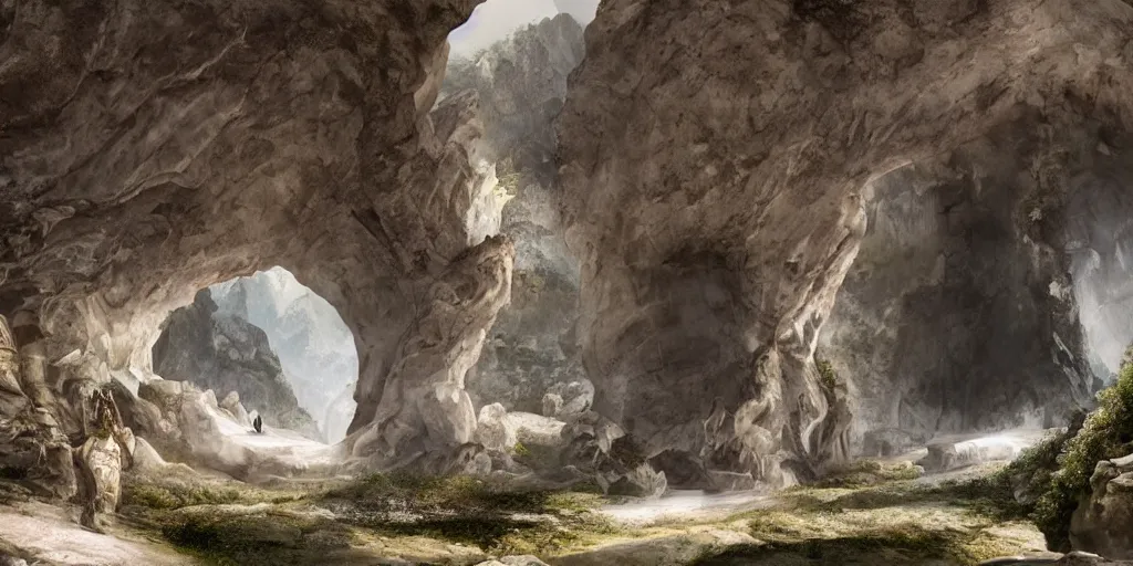 Image similar to two giant white marble statues flanking a cave entrance into a mountain, extremely detailed digital matte painting, clear skies, sunlight, god rays