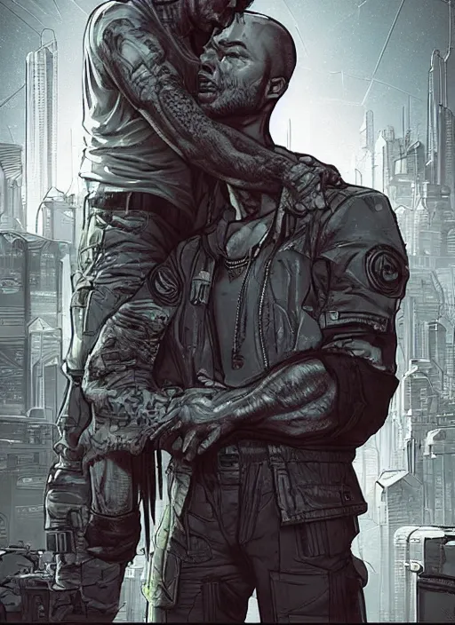 Image similar to Dumb Bubba. Buff cyberpunk meathead in a headlock. Realistic Proportions. Concept art by James Gurney and Laurie Greasley. Moody Industrial skyline. ArtstationHQ. Creative character design for cyberpunk 2077.