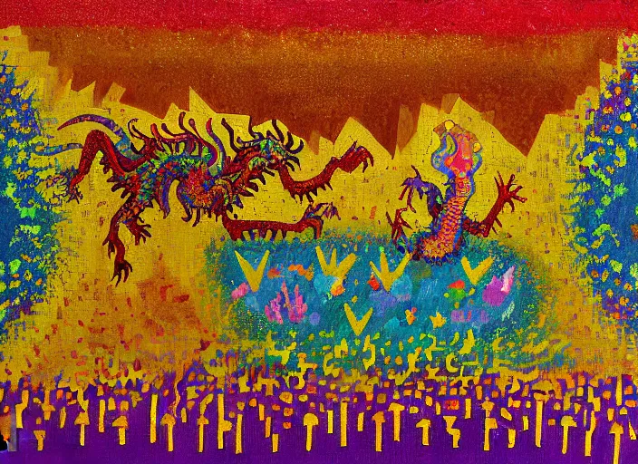 Image similar to pixel decollage painting golden armor alien zombie horseman riding on a crystal bone dragon broken rainbow diamond maggot horse in a blossoming meadow full of colorful mushrooms and golden foil toad blobs in a golden sunset, distant forest horizon, painted by Mark Rothko, Helen Frankenthaler, Danny Fox and Hilma af Klint, pixelated, neo expressionism, semi naive, rich deep colors, cinematic, color field painting, cave painting, voxel, pop art look, outsider art, minimalistic. Bill Traylor painting, part by Philip Guston and Francis Bacon. art by Adrian Ghenie, 8k, extreme detail, intricate detail, masterpiece