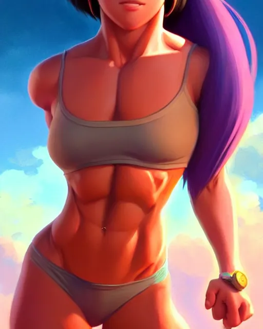 Prompt: real girl muscular dora the explorer showing her abs, fine detail!! anime!! realistic shaded lighting!!, kim hyun joo, digital painting by ilya kuvshinov, magali villeneuve, artgerm, jeremy lipkin and michael garmash and rob rey