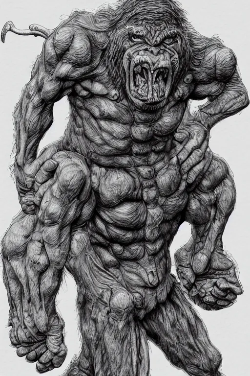 Image similar to humanoid hunched figure troll with 1 horn, ogre, ape, highly detailed, digital art, sharp focus, trending on art station, kentaro miura manga art style